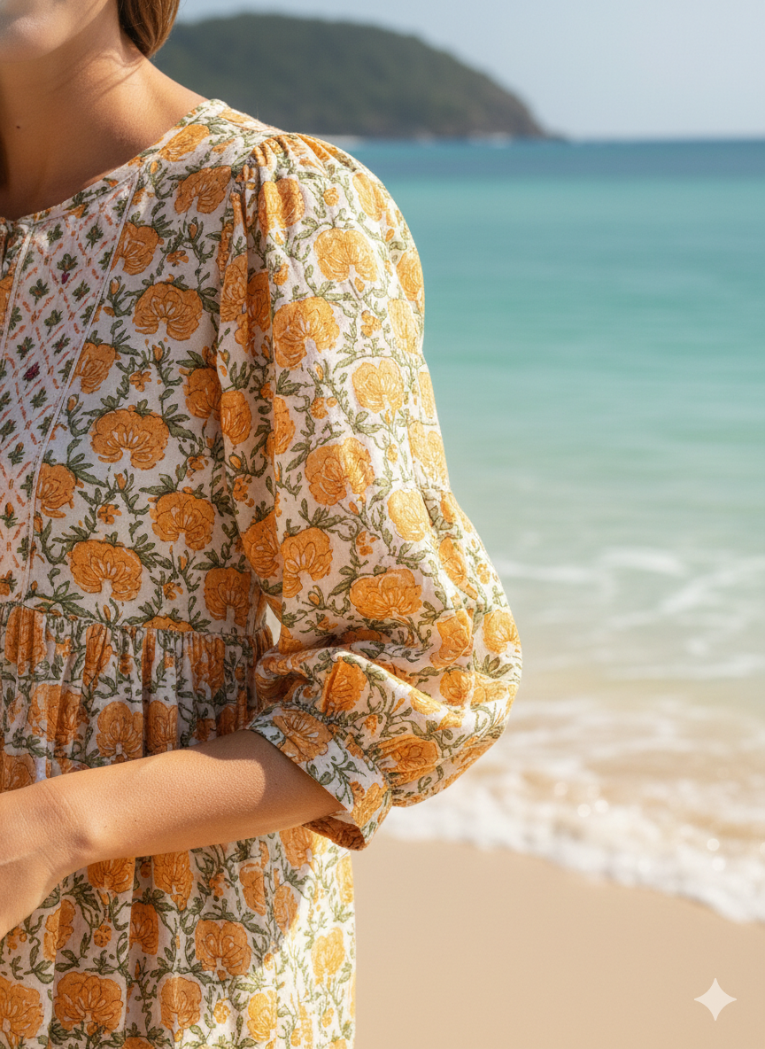 Cream Mustard Floral Hand Block Printed Cotton Midi Dress – Puff Sleeve Boho Indian Dress