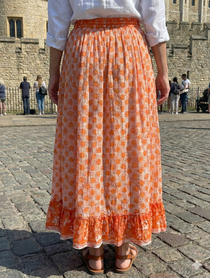indian cotton orange floral hand block printed women's maxi skirts