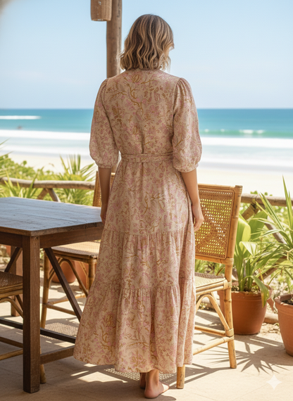 Soft Beige Pink Floral Hand Block Print Cotton Tiered Midi Dress – Bohemian Indian Dress