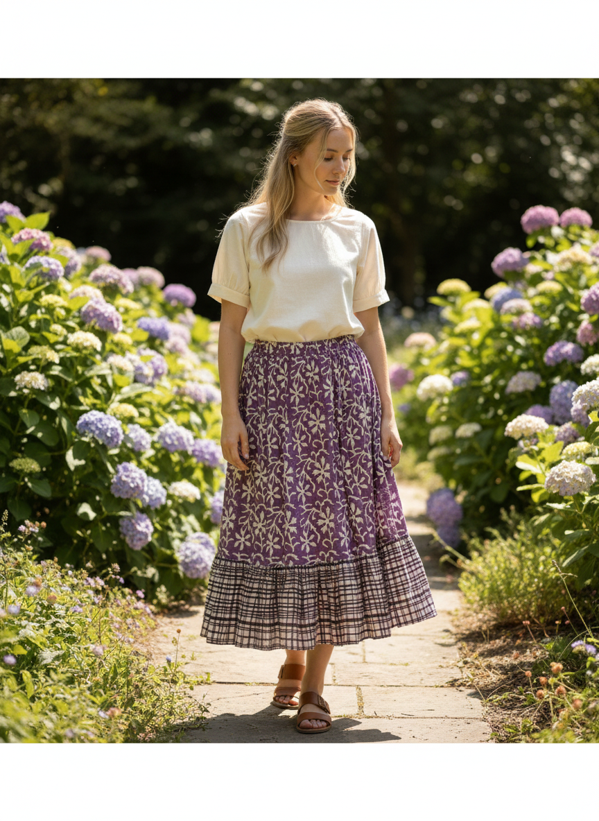 Purple Floral Hand Block Printed Cotton Maxi Skirt – Boho Tiered Summer Skirt