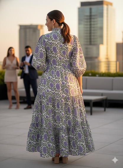 White Lavender Floral Block Print Cotton Midi Dress – Boho Handmade Tiered Dress with Puff Sleeves