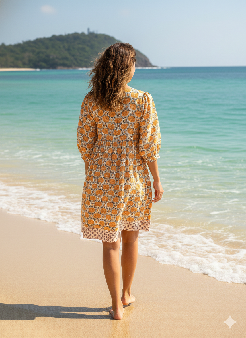 Cream Mustard Floral Hand Block Printed Cotton Midi Dress – Puff Sleeve Boho Indian Dress