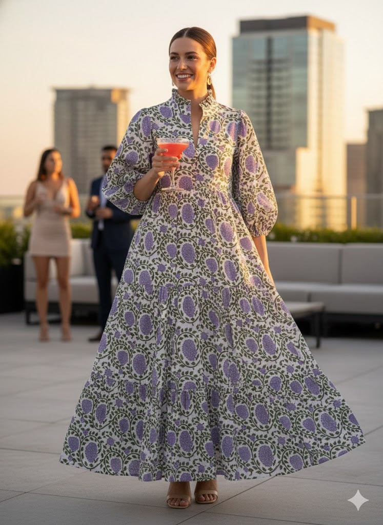 White Lavender Floral Block Print Cotton Midi Dress – Boho Handmade Tiered Dress with Puff Sleeves