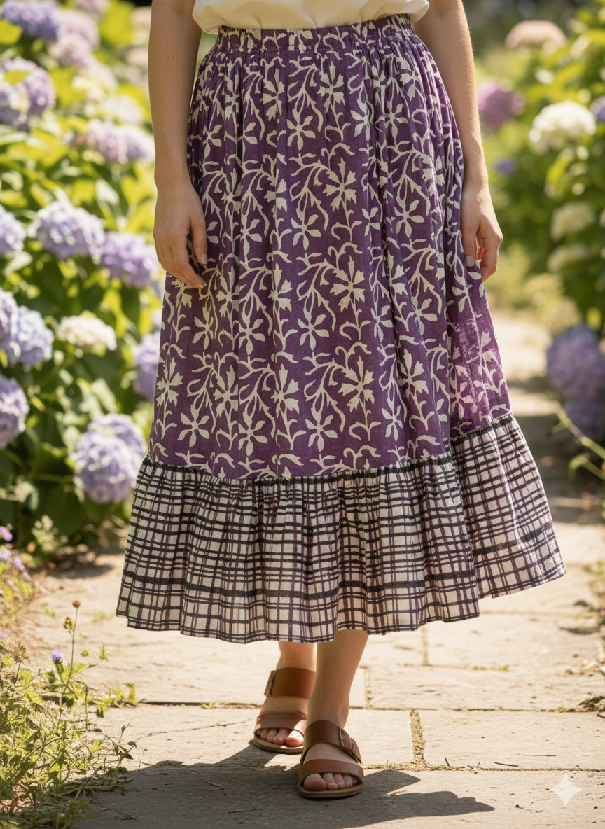 Purple Floral Hand Block Printed Cotton Maxi Skirt – Boho Tiered Summer Skirt