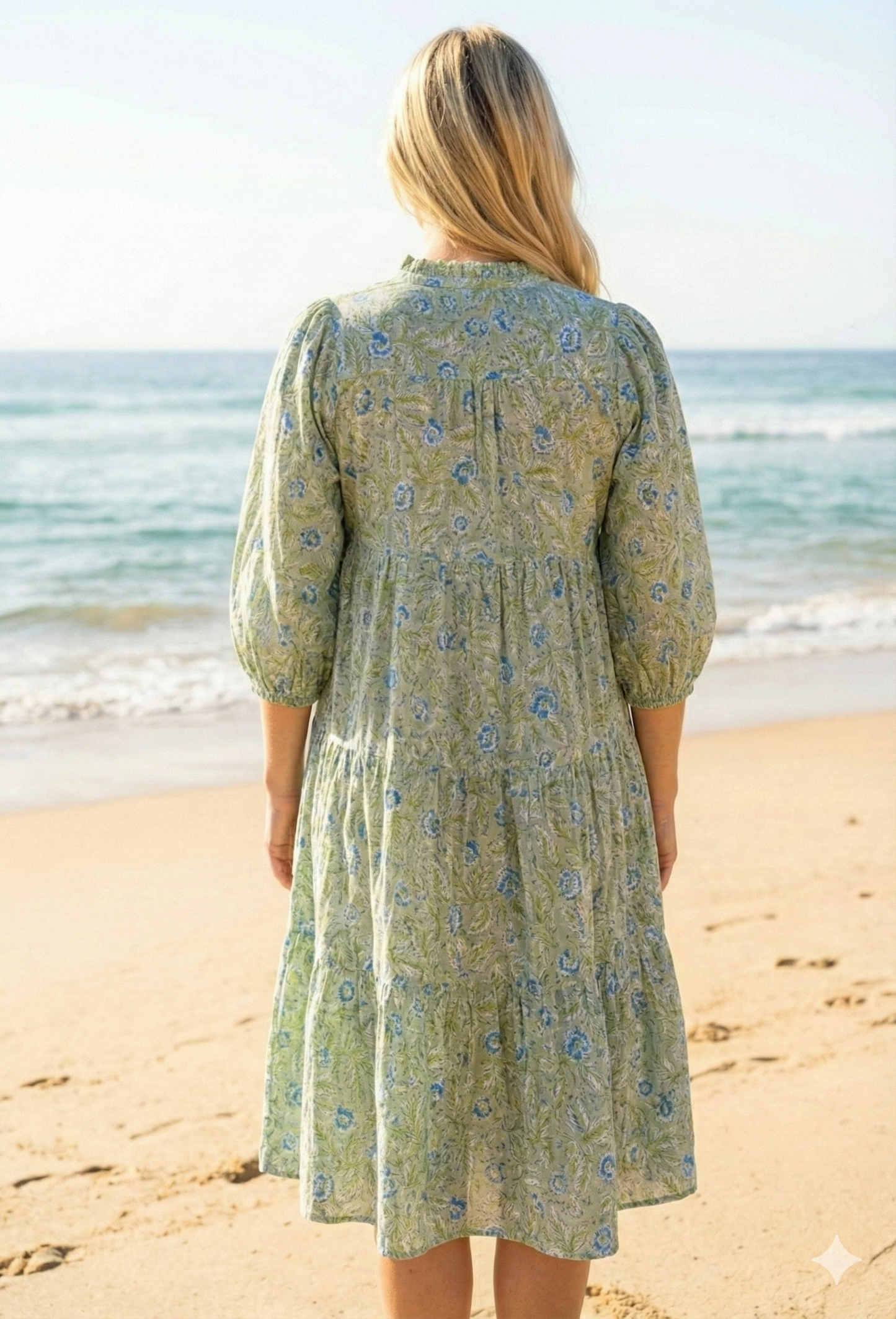 Olive Green Floral Hand Block Printed Cotton Maxi Dress – Indian Boho Tiered Long Dress