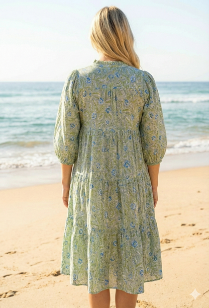 Olive Green Floral Hand Block Printed Cotton Maxi Dress – Indian Boho Tiered Long Dress