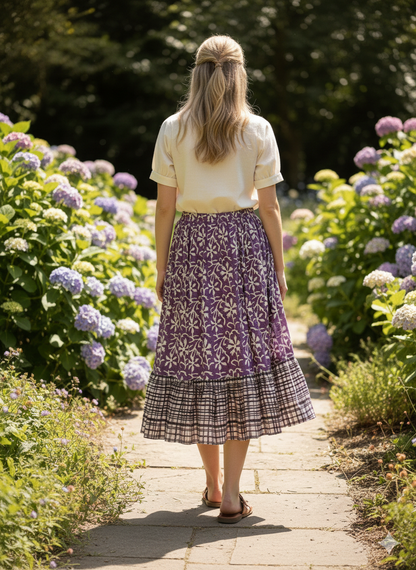 Purple Floral Hand Block Printed Cotton Maxi Skirt – Boho Tiered Summer Skirt
