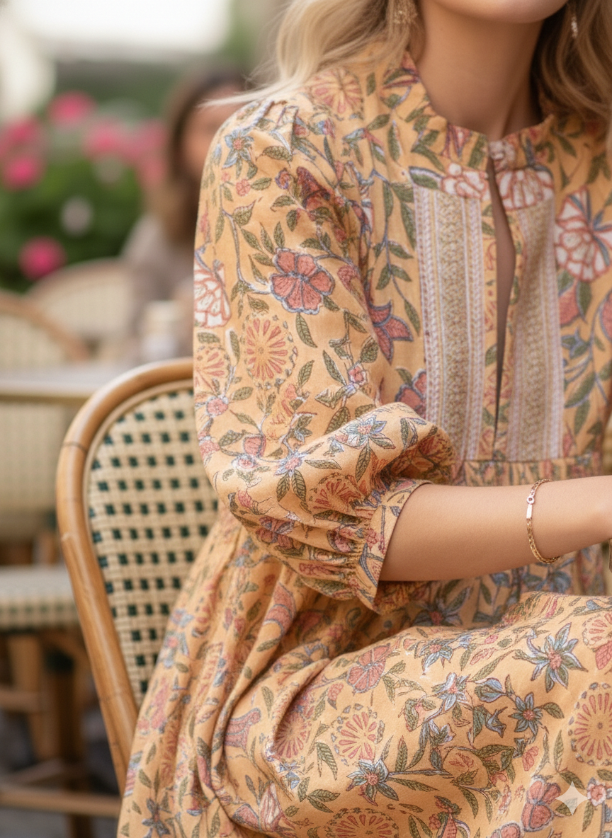 Mustard Yellow Floral Hand Block Printed Cotton Midi Dress – Puff Sleeve Boho Indian Dress