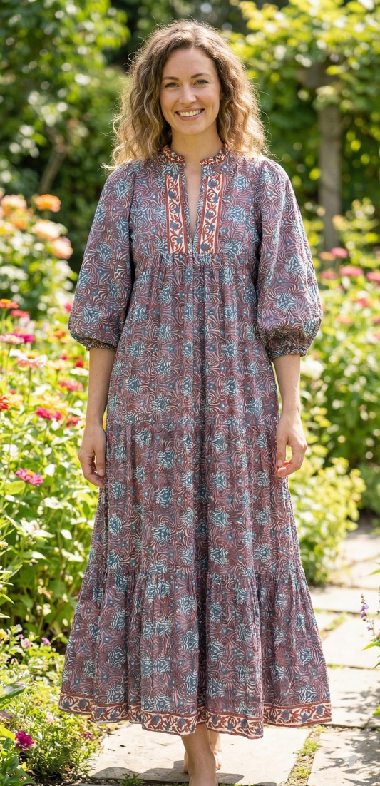 Grey blue Floral Hand Block Printed Cotton Maxi Dress – Indian Boho Tiered Long Dress