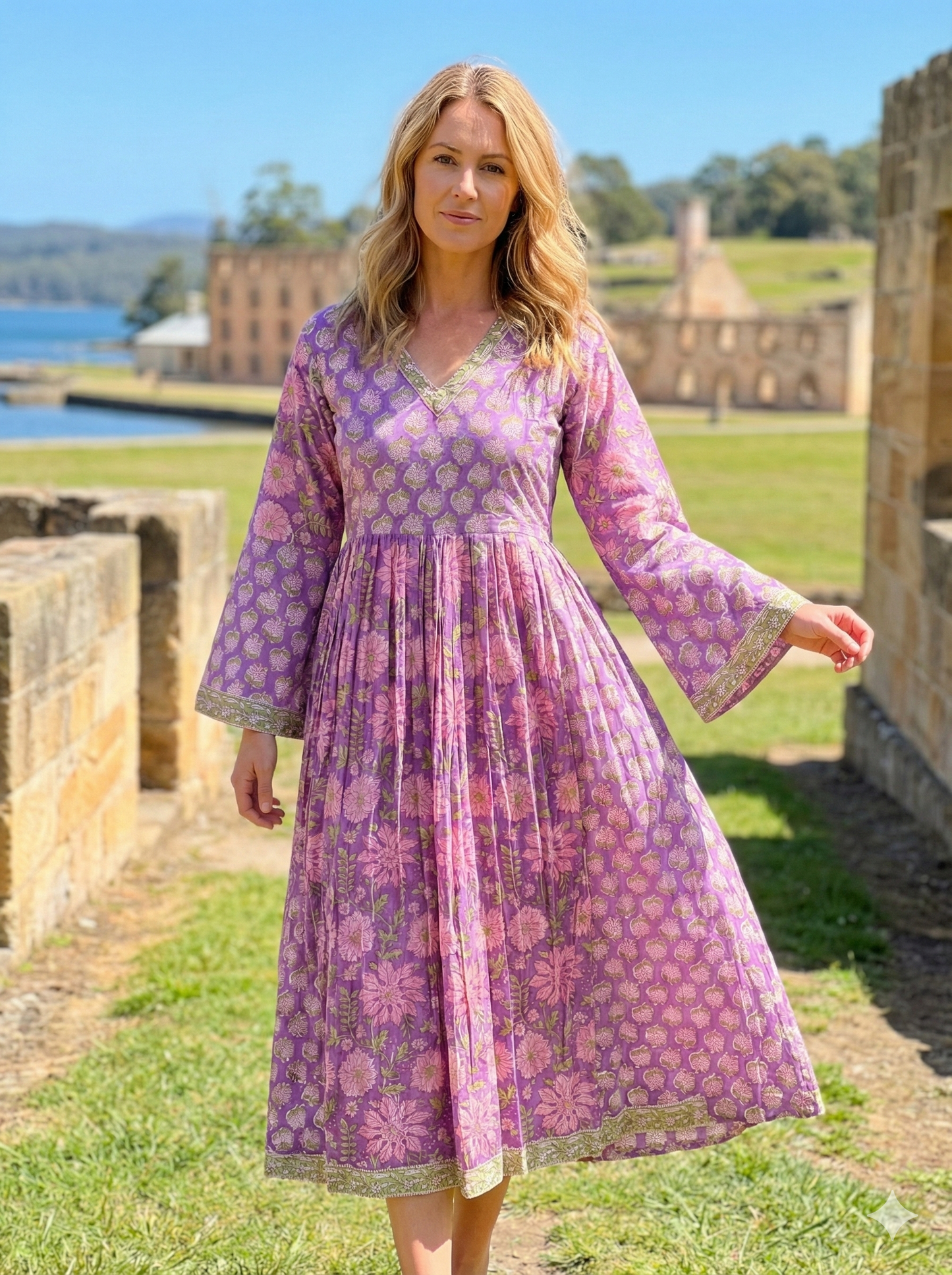 Indian Purple Floral Block Print Cotton Maxi Dress – Boho Long Dress