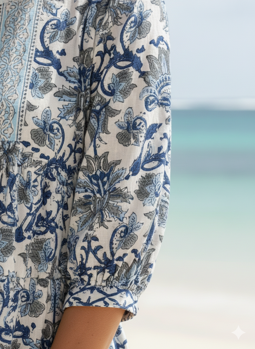 Blue Grey Floral Hand Block Printed Cotton Mini Dress – Puff Sleeve Boho Indian Dress