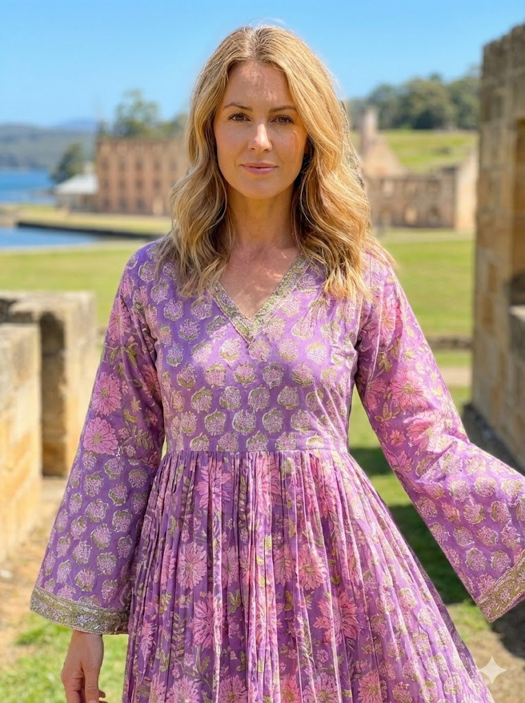 Indian Purple Floral Block Print Cotton Maxi Dress – Boho Long Dress
