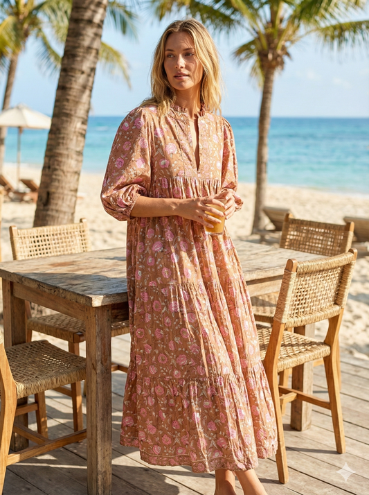 Brown Pink Floral Hand Block Printed Cotton Maxi Dress – Indian Boho Tiered Long Dress