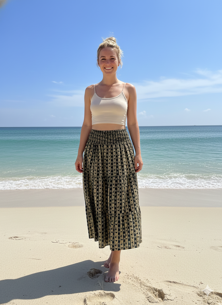 Black Gold Floral Block Print Cotton Smocked Dress – Handcrafted Boho Midi Sundress – Free Shipping