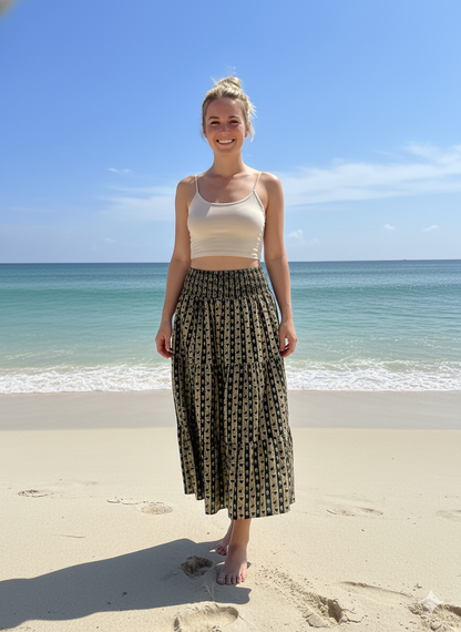 Black Gold Floral Block Print Cotton Smocked Dress – Handcrafted Boho Midi Sundress – Free Shipping