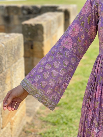 Indian Purple Floral Block Print Cotton Maxi Dress – Boho Long Dress
