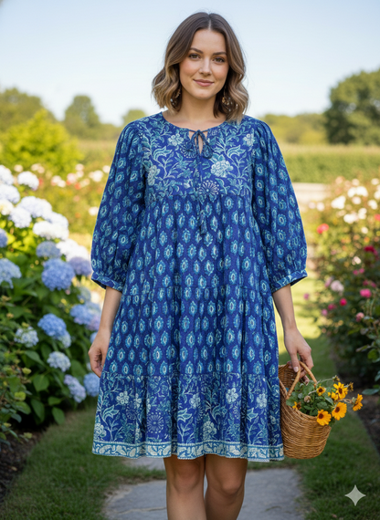 Royal Blue Floral Hand Block Print Cotton Short Dress – Boho Puff Sleeve Mini dress