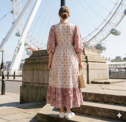 Cream & Dusty Rose Floral Hand Block Print Cotton Maxi Dress – Boho Indian Tiered Dress