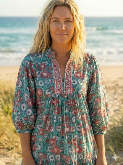 Teal Red Floral Block Print Cotton Midi Dress – Boho Handmade Tiered Dress with Puff Sleeves & Contrast Yoke