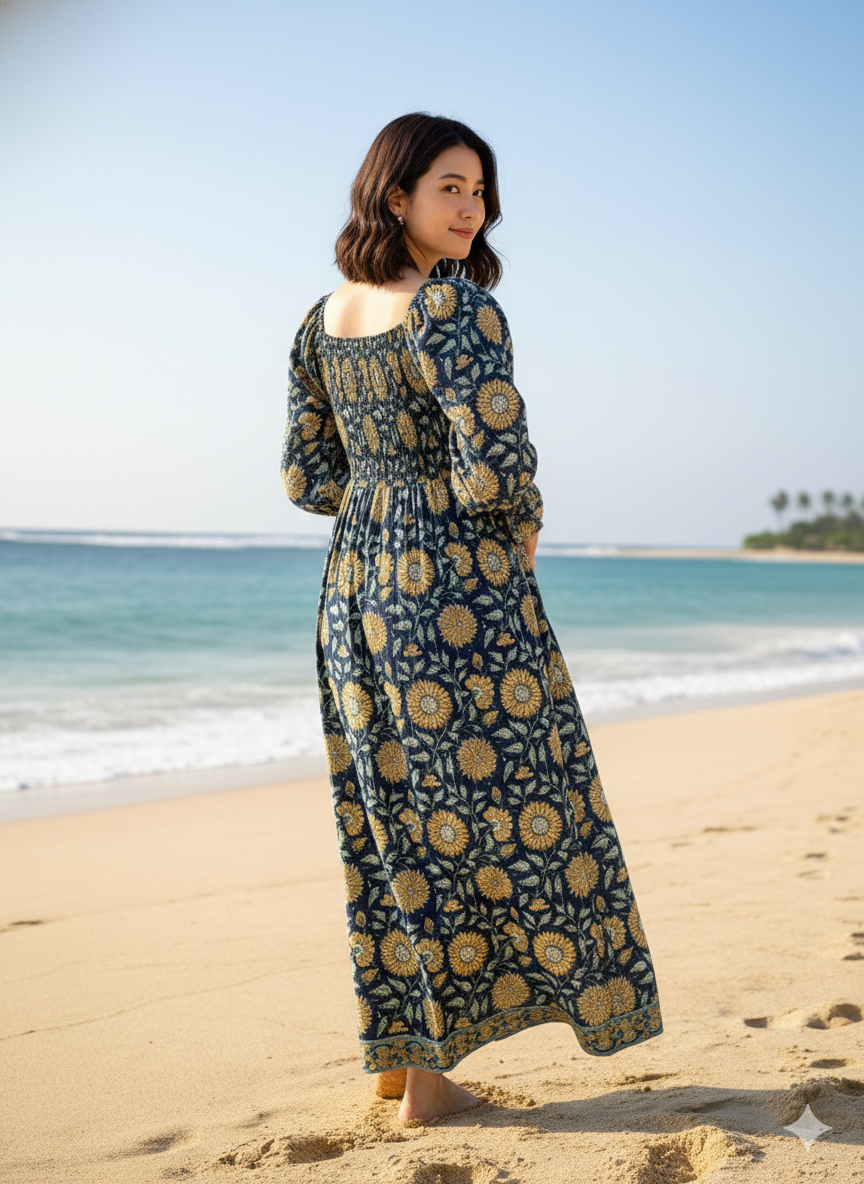 Navy Blue Sunflower Block Print Cotton Midi Dress – Smocked Boho Long Sleeve Dress