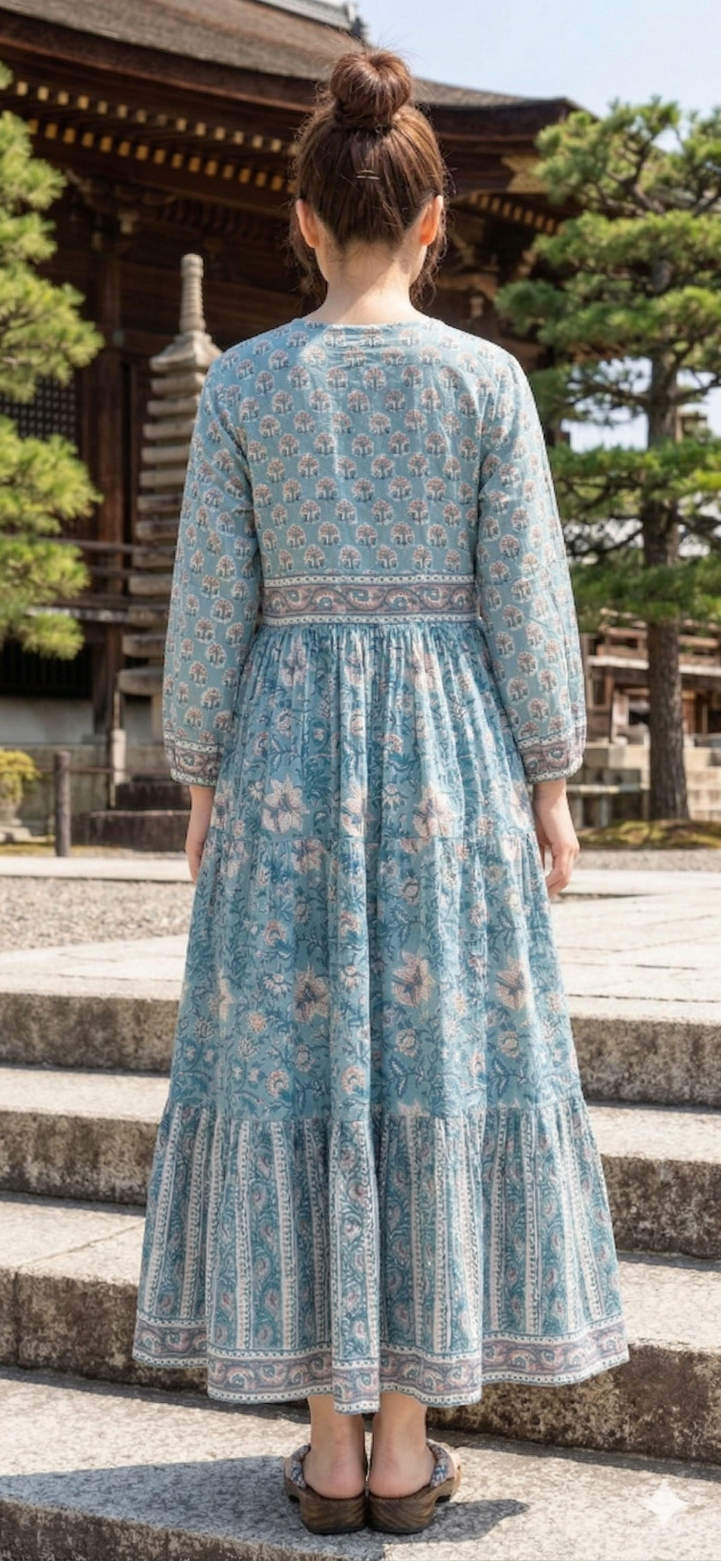 Teal Blue Floral Cotton Maxi Dress – Hand Block Print Boho Tiered Dress