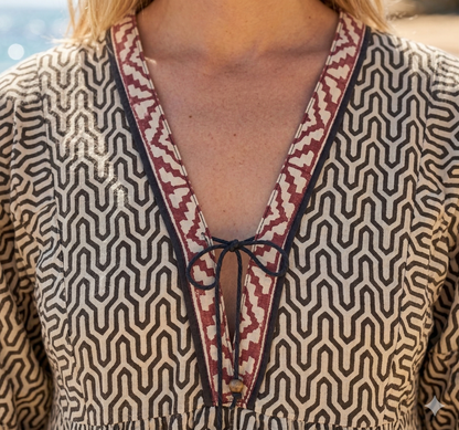 Beige Geometric Hand Block Print Cotton Maxi Dress – V-Neck Boho Style