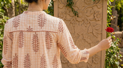 Soft Peach Floral Block Print Mini Dress – Boho Cotton Shirt Dress with Smocked Sleeves
