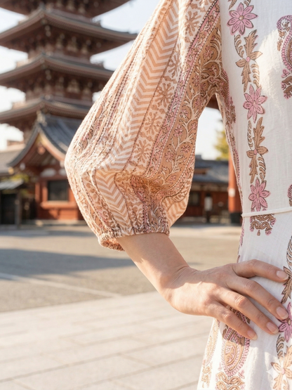 Blush Beige Paisley Hand Block Print Cotton Maxi Dress – Boho Tiered Long Dress with Puff Sleeves