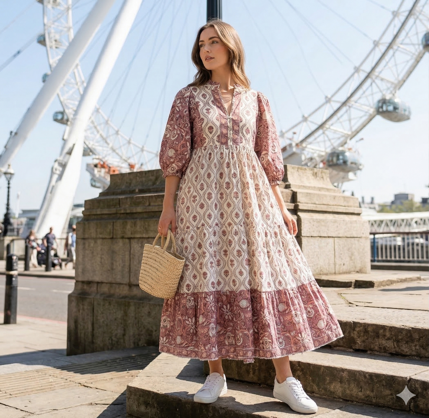 Cream & Dusty Rose Floral Hand Block Print Cotton Maxi Dress – Boho Indian Tiered Dress