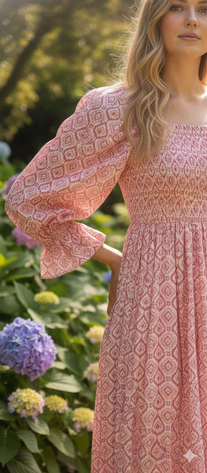 Pink Ikat Block Print Cotton Midi Dress – Square Neck Smocked Bohemian Dress