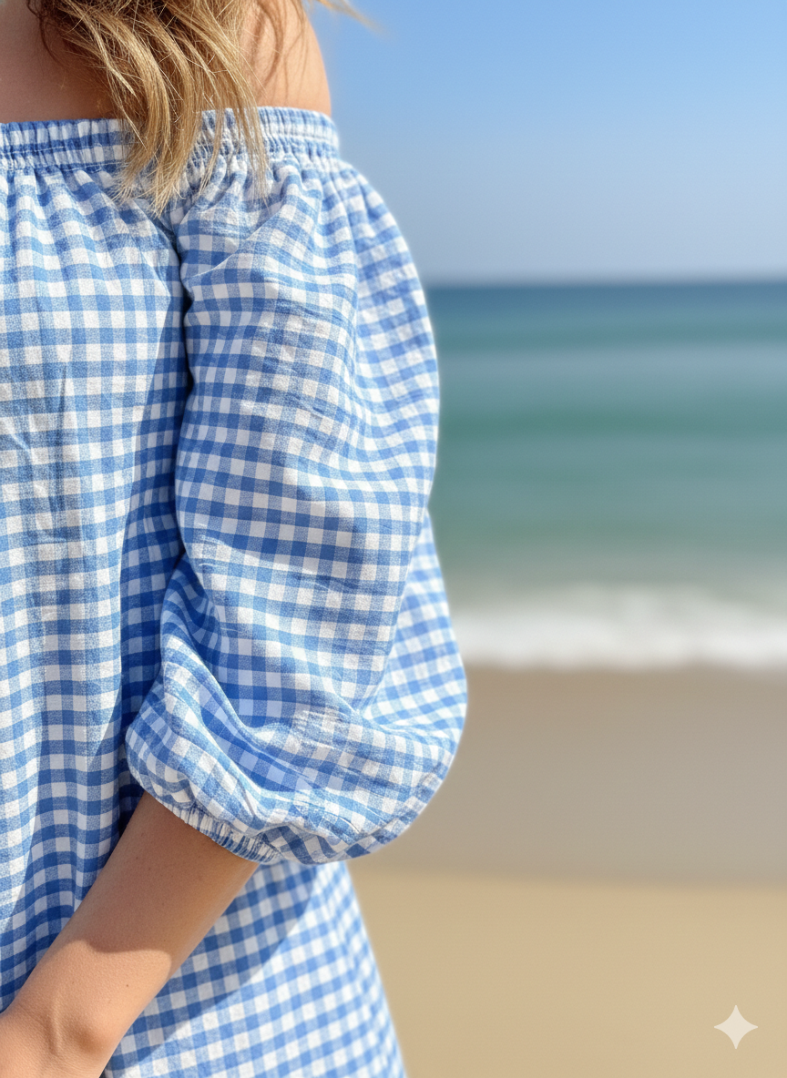 Blue Gingham Cotton Midi Dress – Puff Sleeve Boho Summer Dress