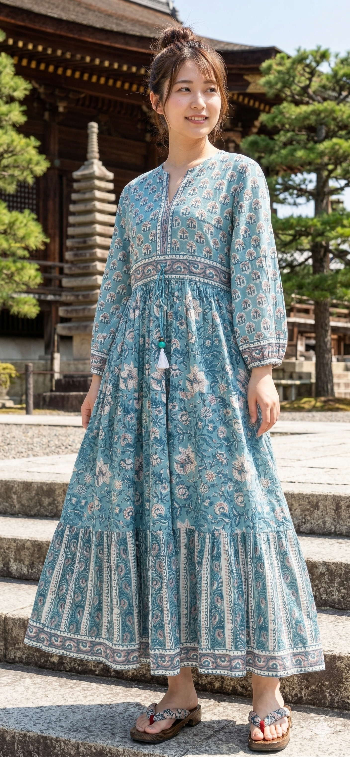 Teal Blue Floral Cotton Maxi Dress – Hand Block Print Boho Tiered Dress