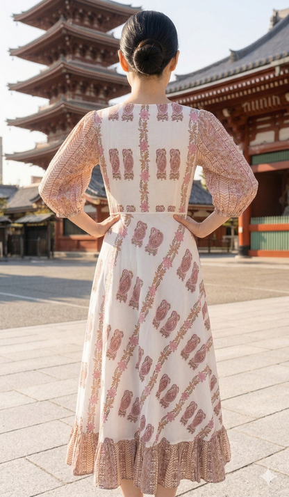 Blush Beige Paisley Hand Block Print Cotton Maxi Dress – Boho Tiered Long Dress with Puff Sleeves