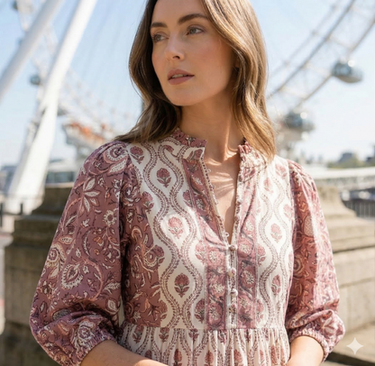 Cream & Dusty Rose Floral Hand Block Print Cotton Maxi Dress – Boho Indian Tiered Dress