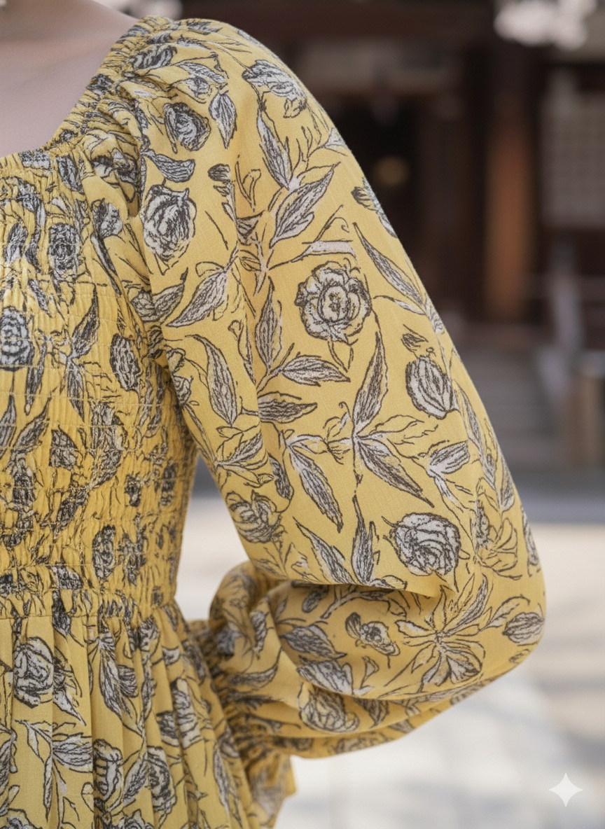 Yellow Floral Hand Block Printed Cotton Midi Dress – Smocked Bodice Puff Sleeve Boho Dress