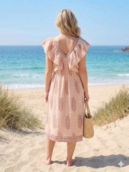 Peach Beige Hand Block Print Midi Dress – Boho Cotton Dress with Ruffle Sleeves & V Neck