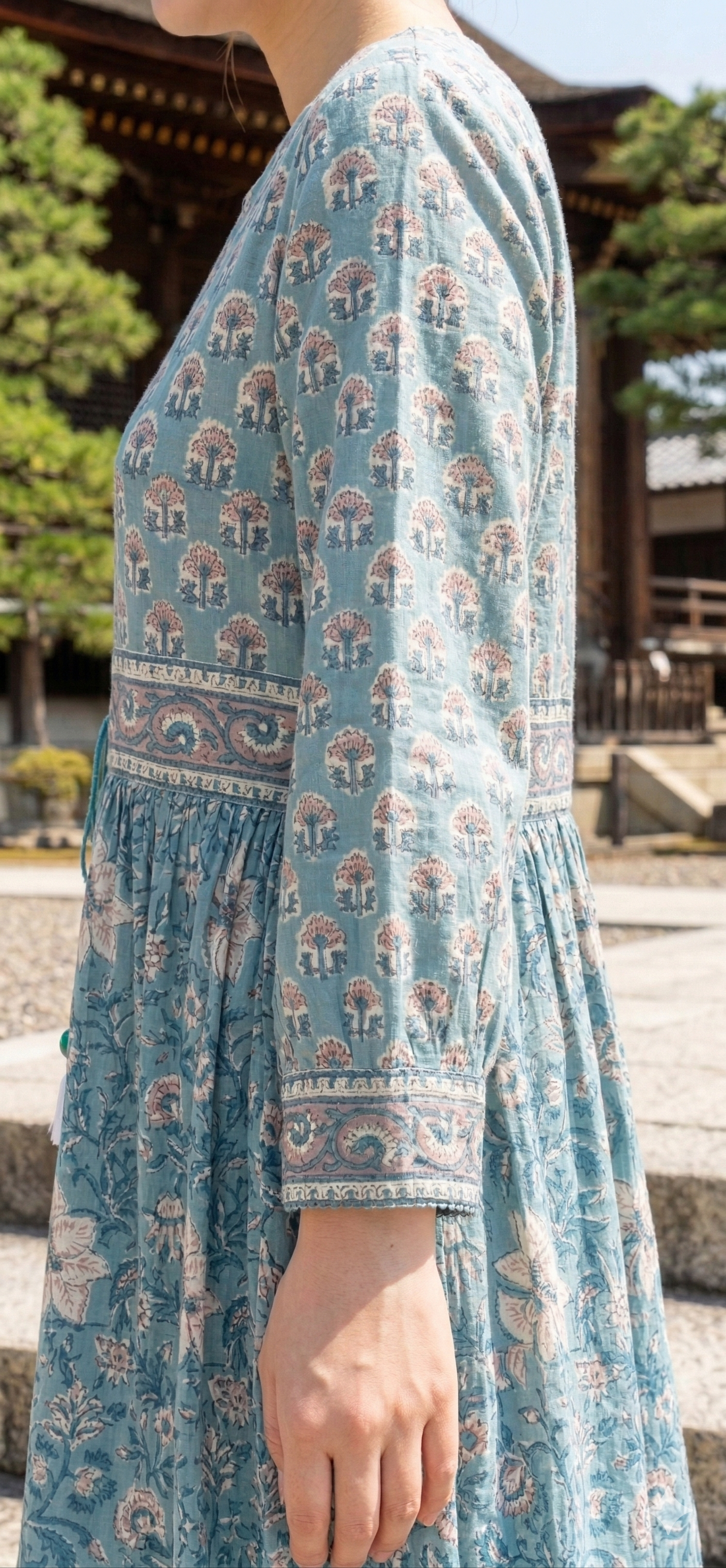 Teal Blue Floral Cotton Maxi Dress – Hand Block Print Boho Tiered Dress
