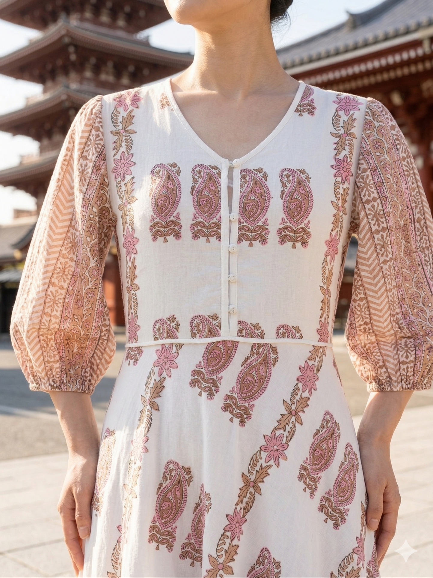 Blush Beige Paisley Hand Block Print Cotton Maxi Dress – Boho Tiered Long Dress with Puff Sleeves