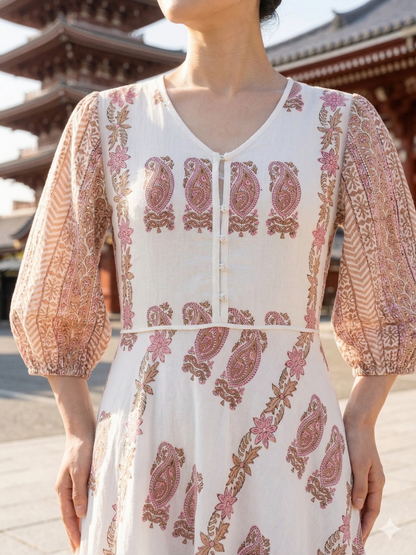 Blush Beige Paisley Hand Block Print Cotton Maxi Dress – Boho Tiered Long Dress with Puff Sleeves
