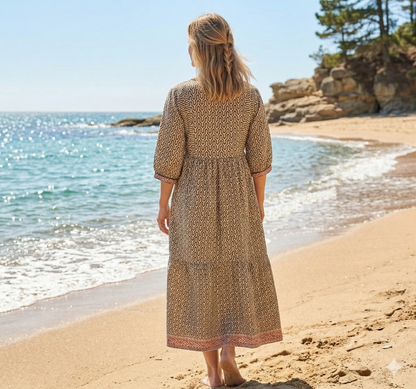 Beige Geometric Hand Block Print Cotton Maxi Dress – V-Neck Boho Style