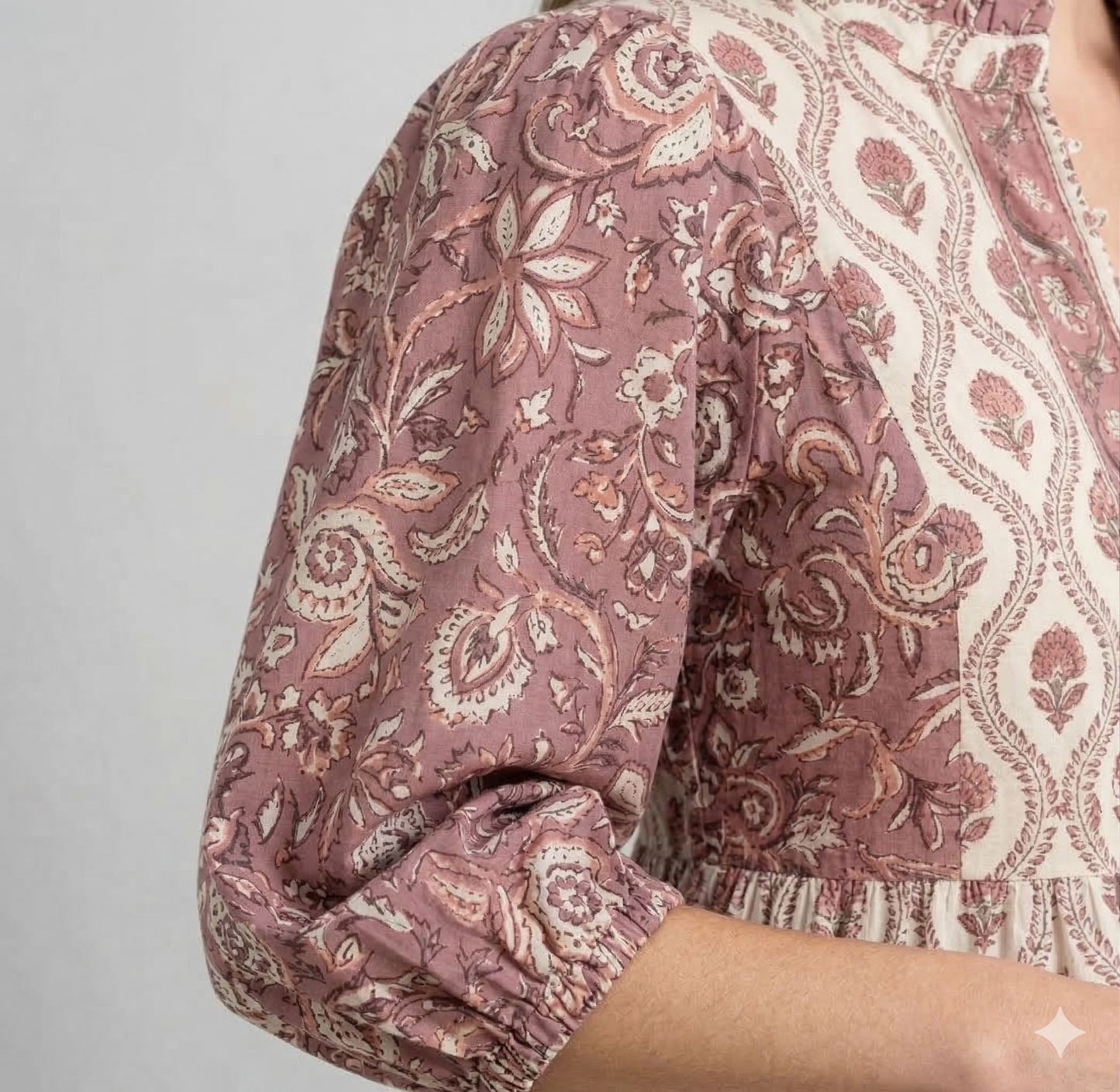 Cream & Dusty Rose Floral Hand Block Print Cotton Maxi Dress – Boho Indian Tiered Dress