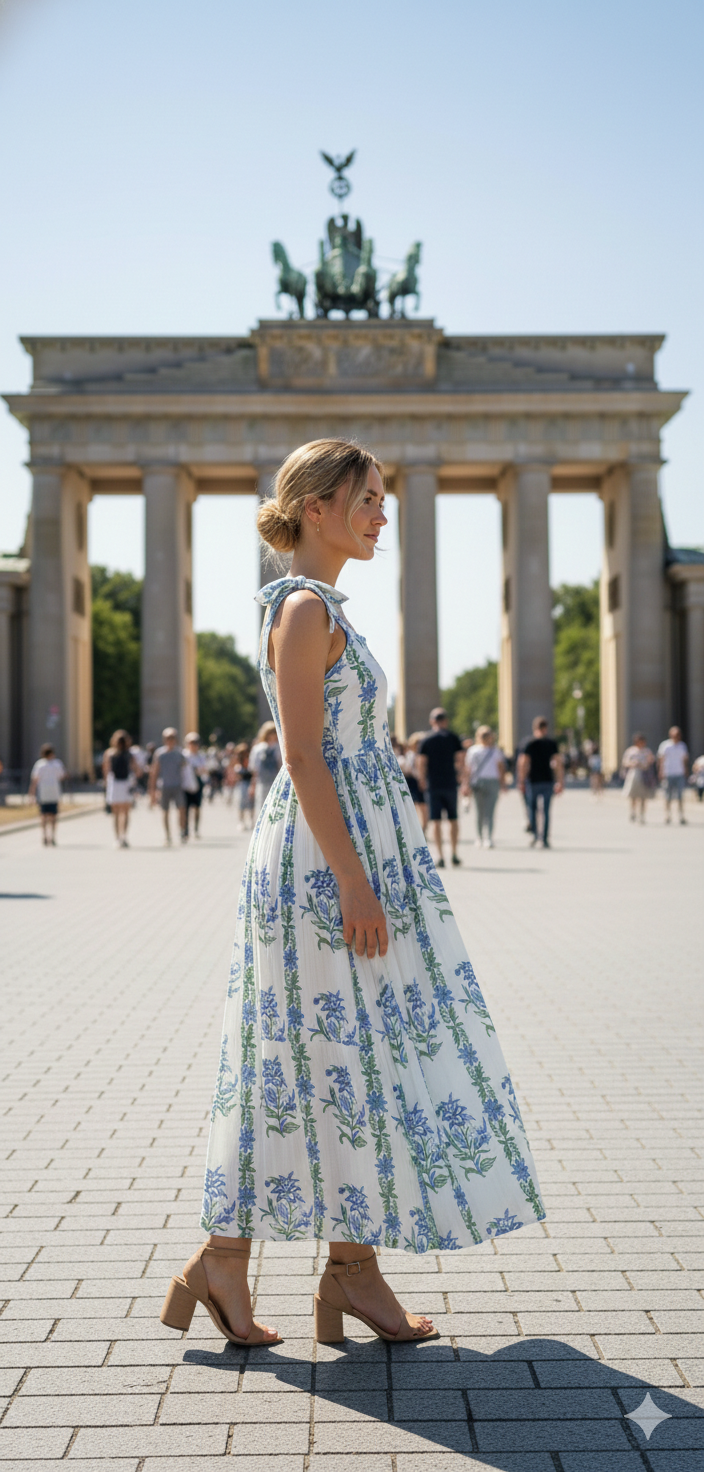 Blue Floral Hand Block Printed Cotton Midi Dress – Tie Strap Boho Summer Dress