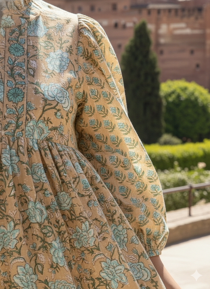 Beige Blue Floral Hand Block Printed Cotton Midi Dress – Puff Sleeve Boho Indian Dress