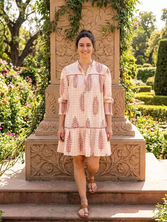 Soft Peach Floral Block Print Mini Dress – Boho Cotton Shirt Dress with Smocked Sleeves