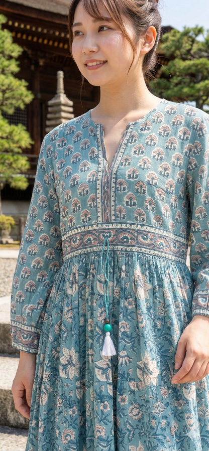 Teal Blue Floral Cotton Maxi Dress – Hand Block Print Boho Tiered Dress