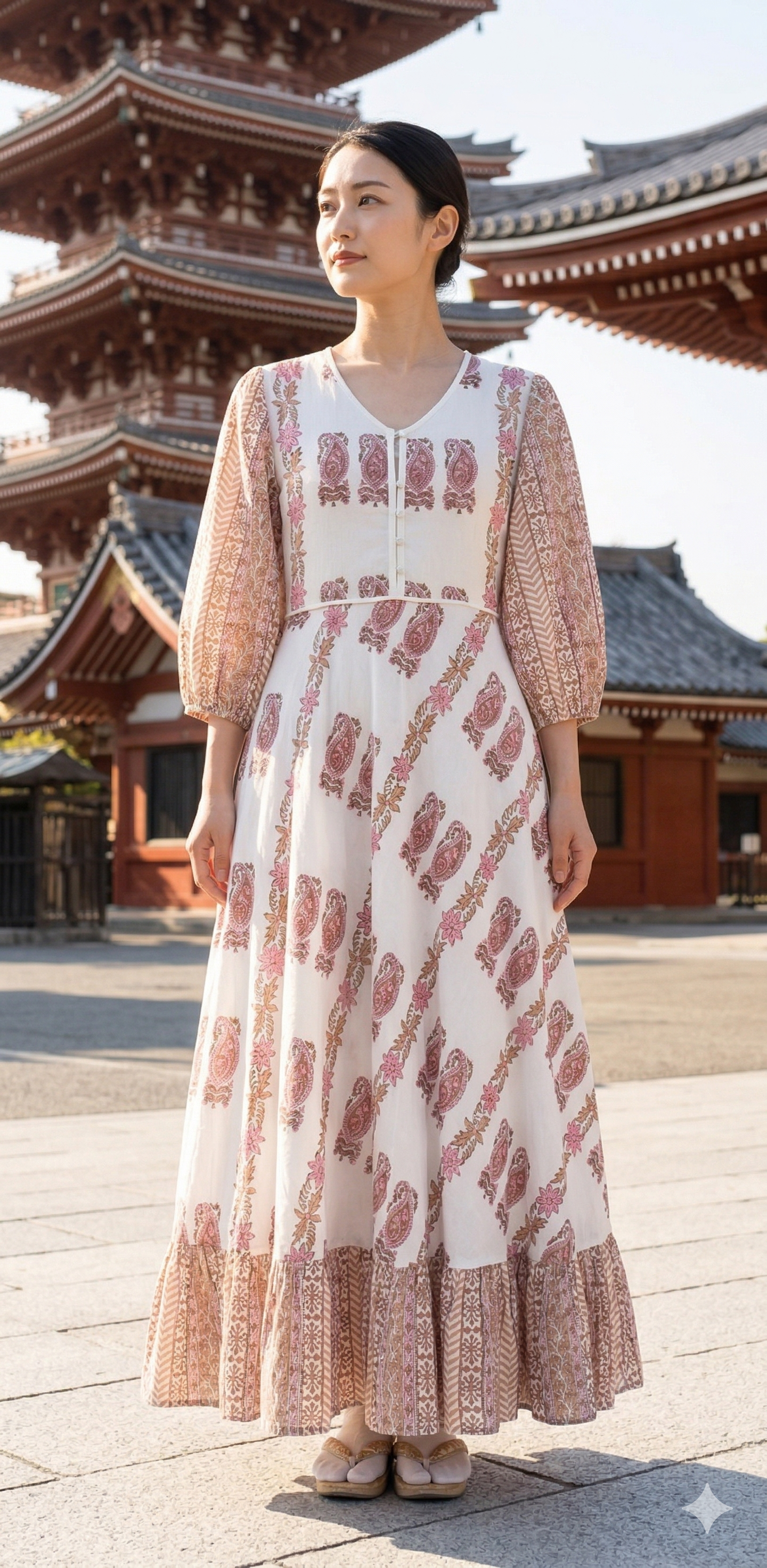Blush Beige Paisley Hand Block Print Cotton Maxi Dress – Boho Tiered Long Dress with Puff Sleeves