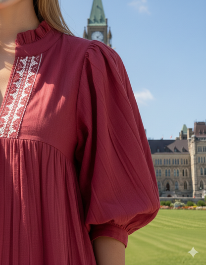Maroon Cotton Maxi Dress – Puff Sleeve Tiered Boho Long Dress with Block Print Border