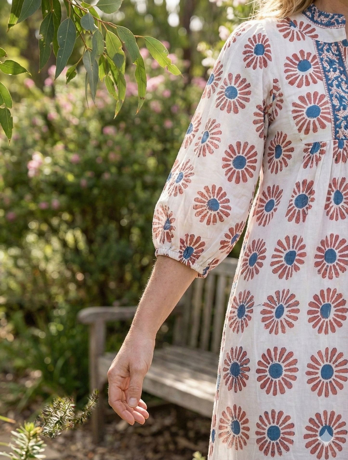 Rust Floral Hand Block Printed Cotton Dress – Puff Sleeve Boho Tiered Summer Dress