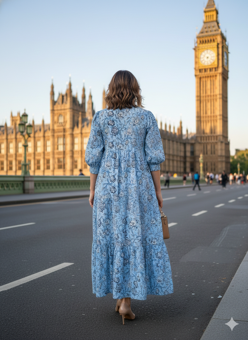 blue floral block printed women's maxi dress