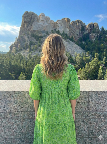 Green Leaf Print Hand Block Printed Cotton Midi Dress – Boho Puff Sleeve Tiered Dress – Ruffle Neck Indian Summer Dress for Women
